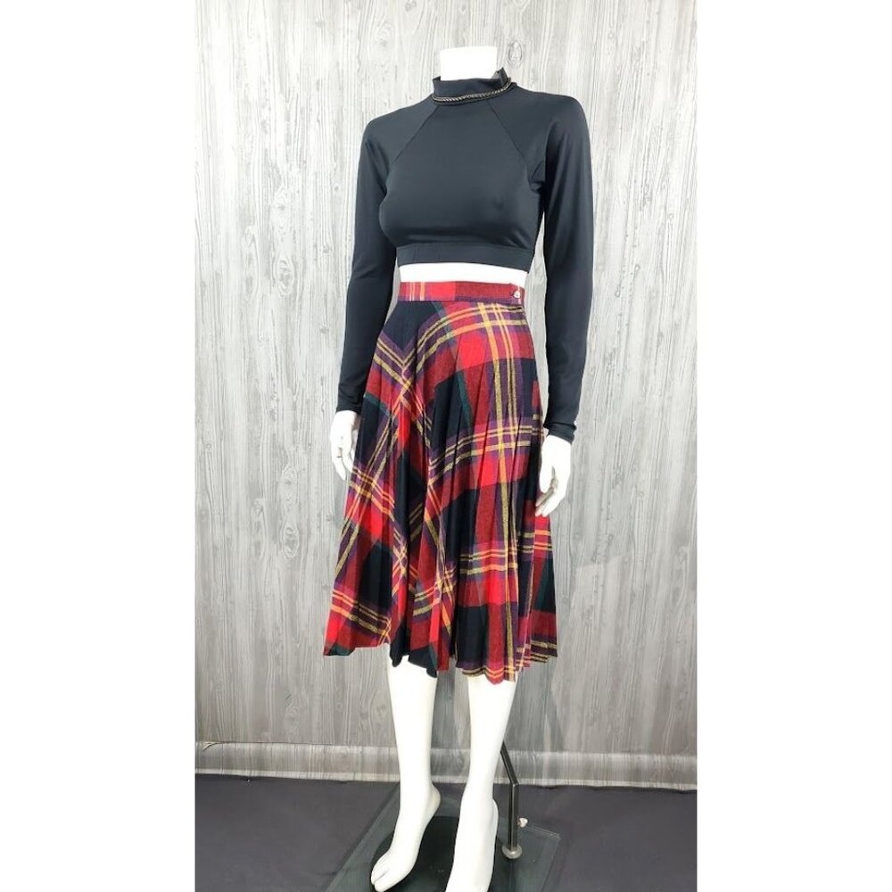 Red and Black Plaid Wool Midi Skirt Vintage Retro Grunge Schoolgirl - Picture 1 of 6